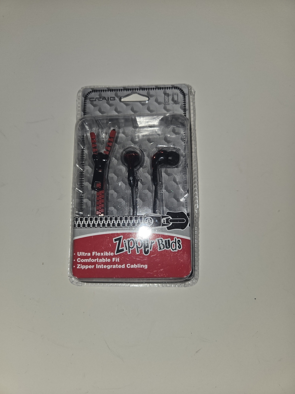 Zipper Buds Earbud Headphones - Black and Red